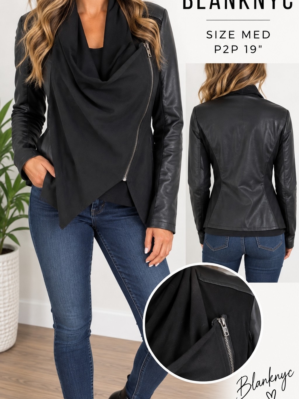 Blank NYC Black Draped Moto Jacket with Leather Panels